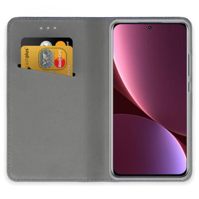 Auksinis atverčiamas dėklas Xiaomi 12 Pro su kortelių laikikliais viduje pilkos spalvos