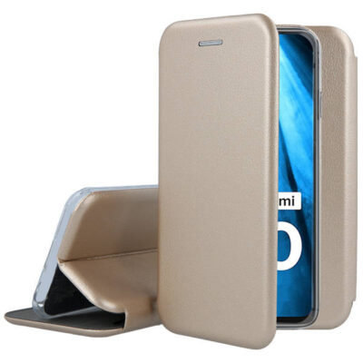 Auksinis atverčiamas dėklas Xiaomi Redmi 10 su odiniu paviršiumi ir stovu