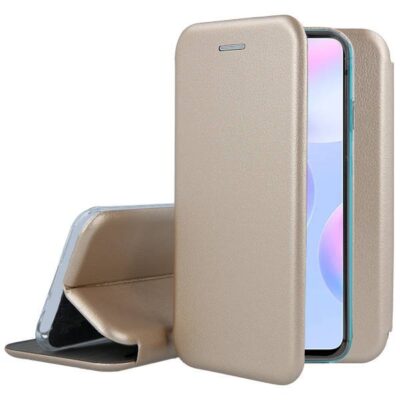 Auksinis atverčiamas dėklas Xiaomi Redmi 9A 9AT Book Elegance rodomas uždarytas ir atvertas