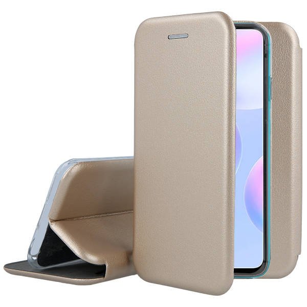 Auksinis atverčiamas dėklas Xiaomi Redmi 9A 9AT Book Elegance Auksinis atverčiamas dėklas Xiaomi Redmi 9A 9AT Book Elegance rodomas uždarytas ir atvertas