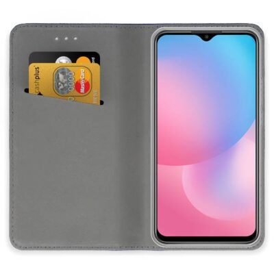 Auksinis atverčiamas dėklas Xiaomi Redmi 9T su magnetu atidarytas pilkas vidus su kortelių lizdu