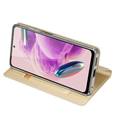 Auksinis atverčiamas dėklas Xiaomi Redmi Note 12S, skirtas telefonu ekranui apsaugoti ir laikyti horizontaliai