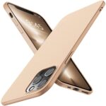 Auksinis dėklas Apple Iphone 13 Pro Max modeliui, rodantis priekinę ir galinę telefono pusę su aukso spalvos dėklu