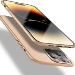 Auksinis deklo Apple iPhone 14 Pro X-level Guardian vaizdas is skirtingu kampu su isskirtiniu apsauginiu rėmeliu