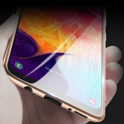 Auksinis dėklas Samsung Galaxy A505 A50 su ekrano apsauga ir tiksliais išpjovimais