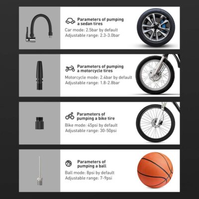 Automobilinis oro kompresorius Baseus Super Mini Inflator Pump CRCQ000001 su įvairiais adapteriais automobilių, motociklų, dviračių padangoms ir kamuoliams pumpuoti