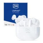 Balta belaidė laisvų rankų įranga 3mk LifePods su dėklu atidarytu prieš mėlyną dėžutę
