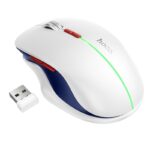 Balta belaidė pelė Hoco GM40 RGB su raudonomis ir mėlynomis detalėmis