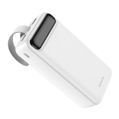 Balta išorinė baterija Power Bank Borofone BJ14B Freeway 30000mAh su juodu šonu ir dirželiu