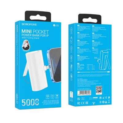 Balta išorinė baterija Power Bank Borofone BJ35 Lightning 5000mAh su sulankstomu stovu ir kompaktišku dydžiu