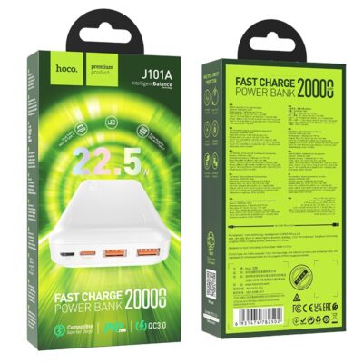 Balta išorinė baterija Power Bank Hoco J101A PD 20W+Quick Charge 3.0 22.5W 20000mAh originalioje žalioje pakuotėje