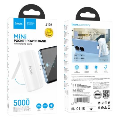 Balta išorinė baterija Power Bank Hoco J106 Type-C 5000mAh su stovu ir LED indikatoriumi