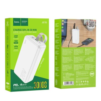 Balta išorinė baterija Power Bank Hoco J87B PD20W+QC3.0 30000mAh su 20W ir 18W įkrovimo galimybėmis