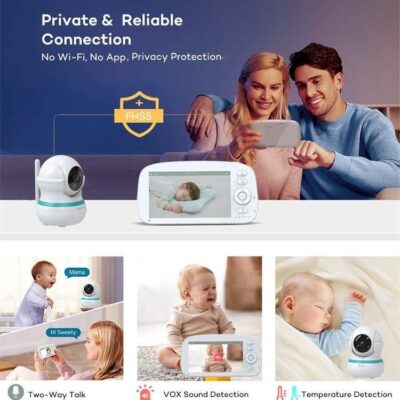 Balta mobili auklė Reach BM-5 su pagrindiniu įrenginiu ir kamera, skirta kūdikių stebėjimui