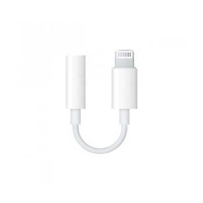 Baltas Audio adapteris originalus Apple iš Lightning į 3,5mm MMX62ZM A pakuotėje, matomas baltas adapteris su Lightning jungtimi ir 3,5mm lizdu