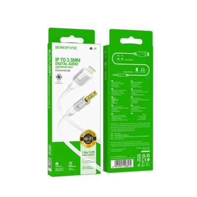 Baltas audio kabelis Borofone BL19 Lightning to 3,5mm su aukso spalvos 3,5 mm jungtimi