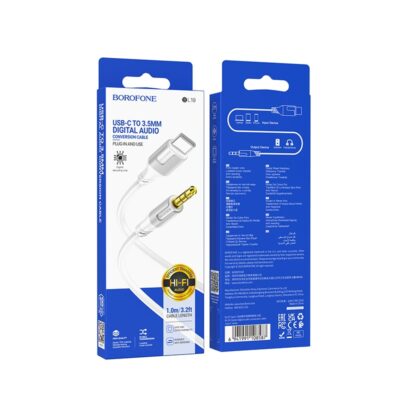 Baltas audio kabelis Borofone BL19 USB-C to 3,5mm su 1 metro ilgiu