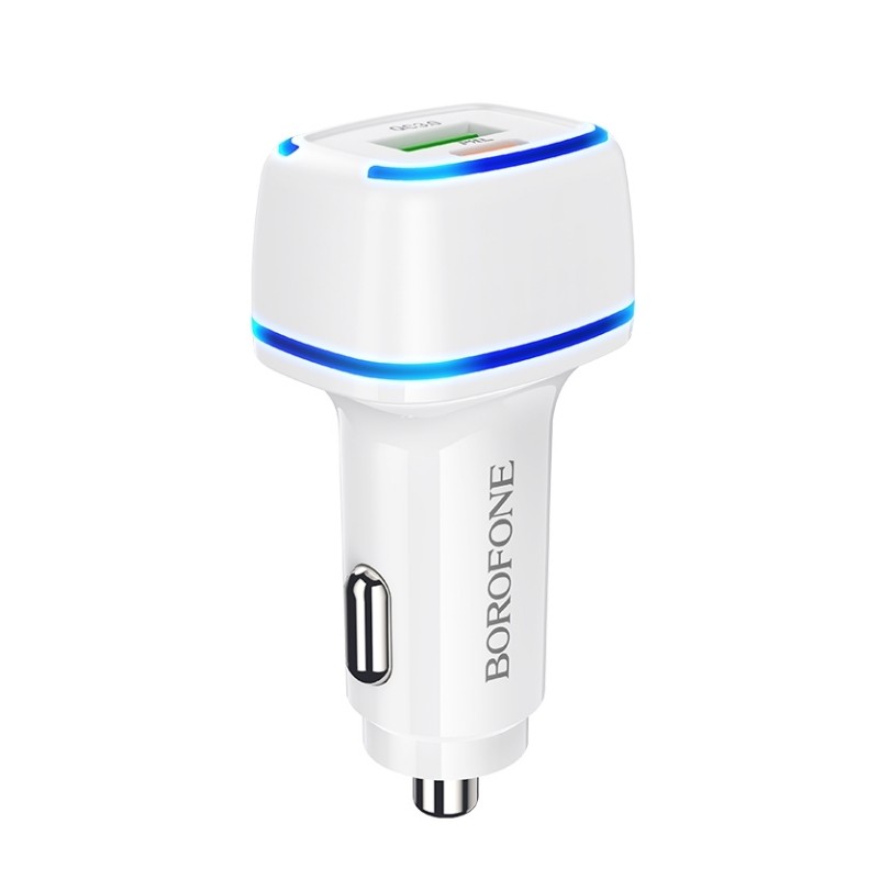 Baltas automobilinis įkroviklis Borofone BZ14A PD20W su 2 USB jungtimis Baltas automobilinis įkroviklis Borofone BZ14A PD20W su 2 USB jungtimis su mėlyna LED juosta