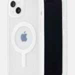 Baltas dėklas Apple Iphone 15 Plus su magnetiniu žiedu ir skaidriu užpakaliniu paviršiumi