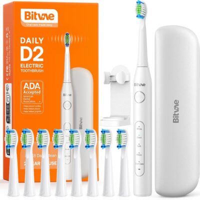 Baltas elektrinis dantų šepetėlis Bitvae D2 su keičiamomis šepetėlių galvutėmis ir dėklu