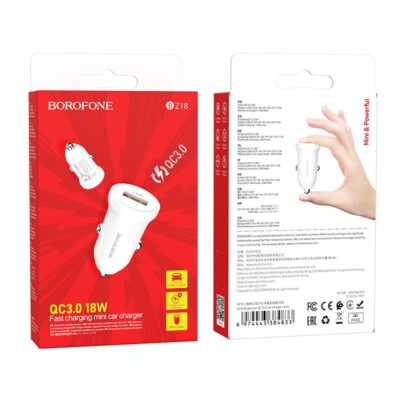Baltas įkroviklis automobilinis Borofone BZ18 Quick Charge 3.0 18W pakuotėje su ryškiu raudonu fonu