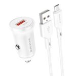 Baltas įkroviklis automobilinis Borofone BZ18 Quick Charge 3.0 18W su MicroUSB laidu