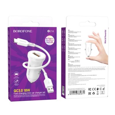 Baltas įkroviklis automobilinis Borofone BZ18 Quick Charge 3.0 18W su USB Type-C kabeliu