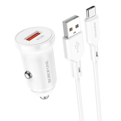 Baltas įkroviklis automobilinis Borofone BZ18 Quick Charge 3.0 18W su USB ir Type-C laidu