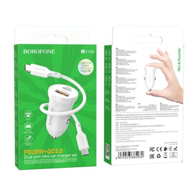Baltas įkroviklis automobilinis Borofone BZ18A USB-A ir Type-C PD20W+QC3.0 su įkrovimo kabeliu