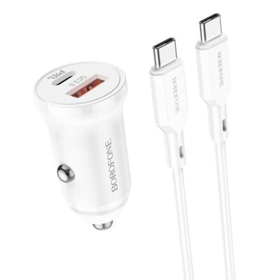 Baltas įkroviklis automobilinis Borofone BZ18A su USB-A ir Type-C jungtimis