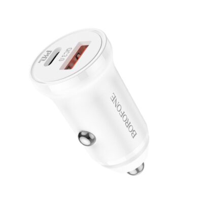 Baltas įkroviklis automobilinis Borofone BZ18A su USB-A ir Type-C jungtimis