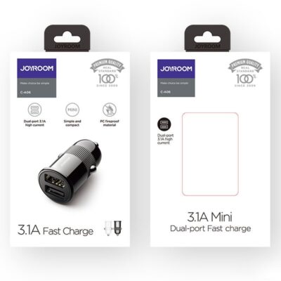Juodas automobilinis įkroviklis Joyroom C-A06 su 2 USB prievadais ir 3.1A greitu įkrovimu