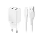 Baltas įkroviklis Awei C15L-EU su dviem USB-A lizdais ir USB į Lightning kabeliu