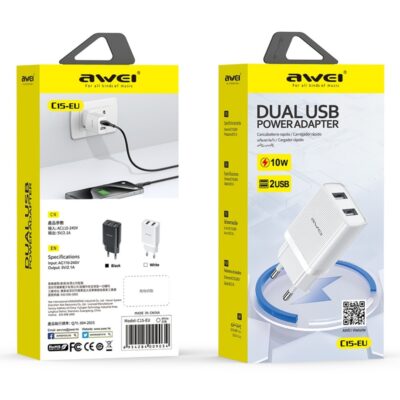 Baltas įkroviklis Awei C15T-EU 2xUSB-A su 10W galia ir USB į USB-C kabeliu pakuotėje