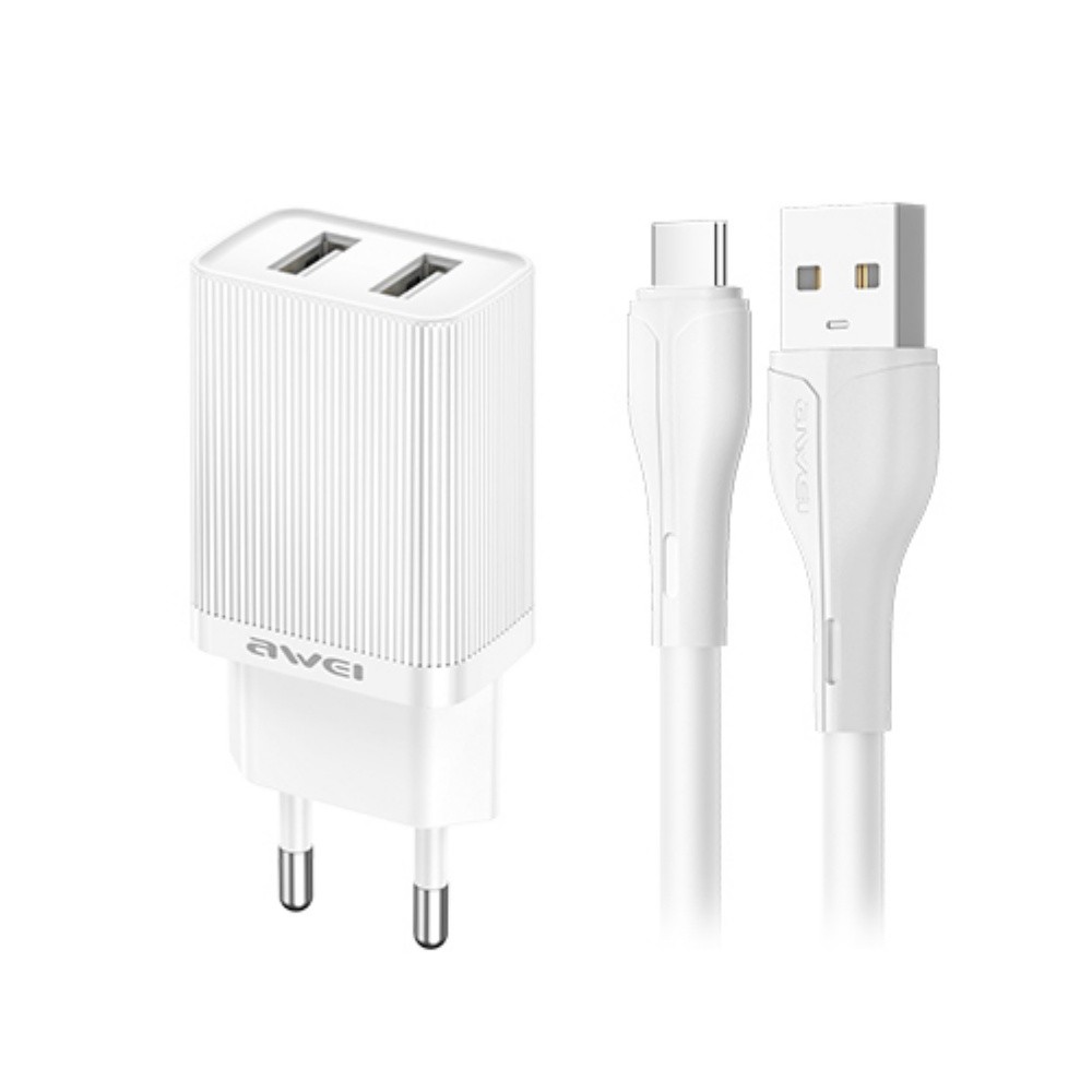 Baltas įkroviklis Awei C15T-EU 2xUSB-A 10W su kabeliu Baltas įkroviklis Awei C15T-EU su dviem USB-A lizdais ir baltu USB į USB-C laidu