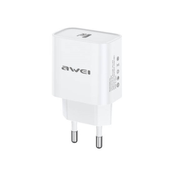 Baltas įkroviklis Awei PD61-EU 20W USB-C Baltas įkroviklis Awei PD61-EU 20W USB-C su Europos kištuku ir vienu USB-C lizdu