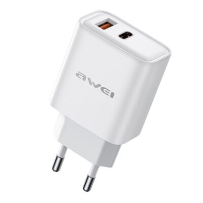 Baltas įkroviklis Awei PD81-EU su USB-A ir USB-C jungtimis