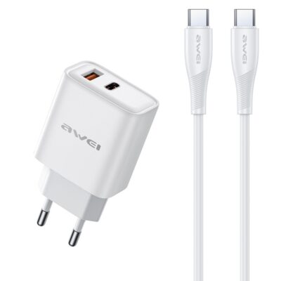 Baltas įkroviklis Awei PD81C-EU su USB-A, USB-C jungtimis ir USB-C į USB-C kabeliu