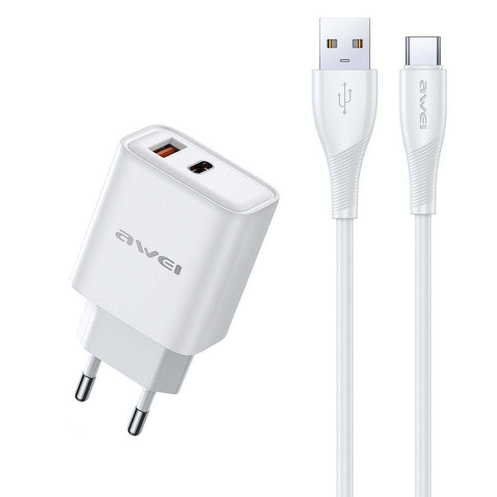 Baltas įkroviklis Awei PD81T-EU USB-A / USB-C + USB į USB-C kabelis Baltas įkroviklis Awei PD81T-EU su USB-A ir USB-C jungtimis bei USB į USB-C kabeliu