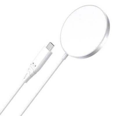 Baltas įkroviklis belaidis Choetech T518-F MagSafe 15W su apvaliu paviršiumi ir USB-C jungtimi