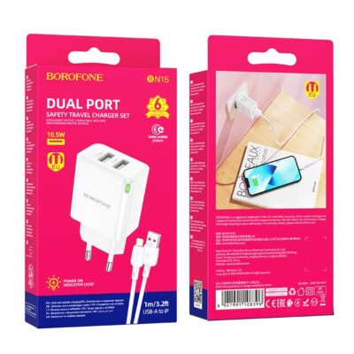 Baltas įkroviklis Borofone BN15 10.5W su dviem USB-A prievadais ir USB-A į Lightning kabeliu 1.0m