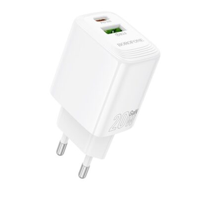 Baltas įkroviklis Borofone BN27 20W su USB-C ir USB-A jungtimis baltos spalvos.