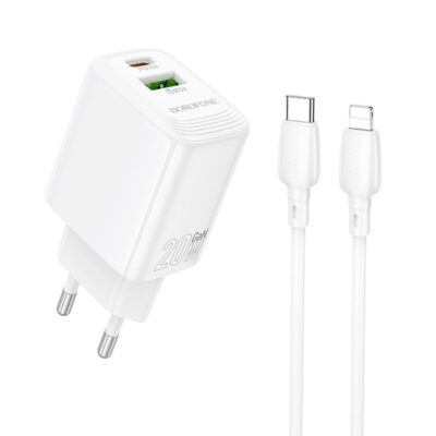 Baltas įkroviklis Borofone BN27 20W USB-C ir USB-A jungtimis su USB-C į Lightning kabeliu