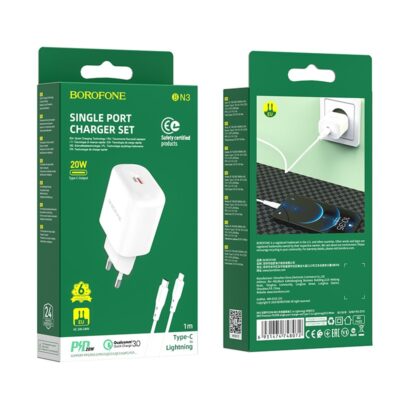 Baltas įkroviklis Borofone BN3 Type-C QC 3.0, PD 2.0 20W su Lightning laidu ir Europos kištuku