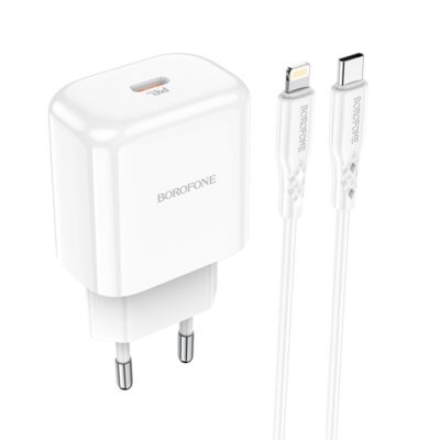 Baltas įkroviklis Borofone BN3 su Type-C kabeliu ir Lightning jungtimi