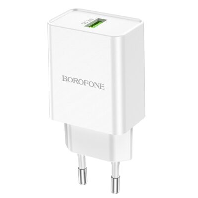 Baltas įkroviklis Borofone BN5 QC 3.0 18W su žalia USB jungtimi
