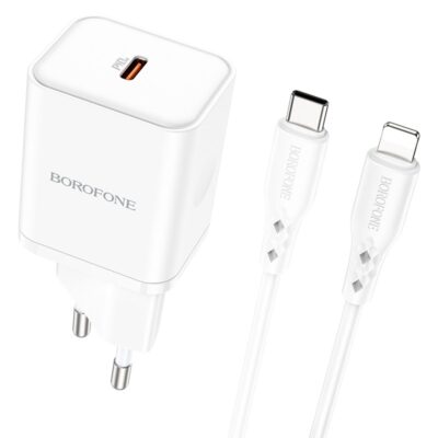 Baltas įkroviklis Borofone BN6 su USB Type-C ir Lightning jungtimis