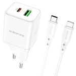 Baltas įkroviklis Borofone BN7 su Type-C ir USB-A jungtimis greitam įkrovimui