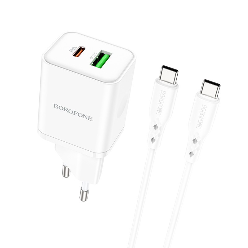 Baltas įkroviklis Borofone BN7 Type-C 20W / USB-A 18W PD20W+QC3.0 + Type-C Baltas įkroviklis Borofone BN7 Type-C 20W su USB-A PD20W ir QC3.0 jungtimis ir Type-C kabeliu