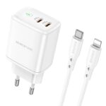 Baltas įkroviklis Borofone BN9 su 2 Type-C jungtimis ir Lightning laidu